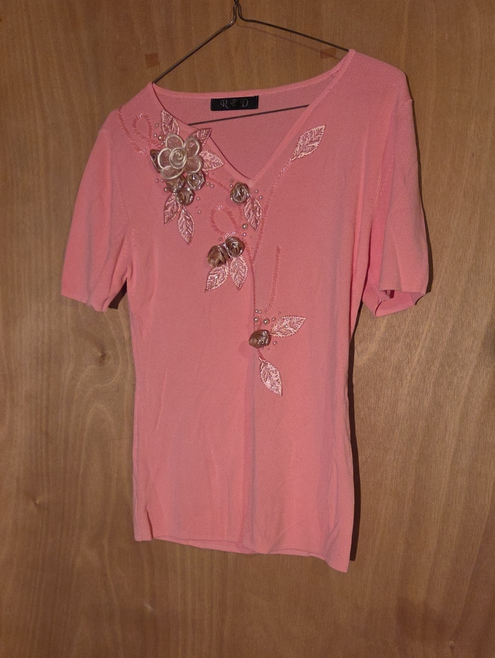 Red Pink V-Neck Short Sleeve Embellished Top